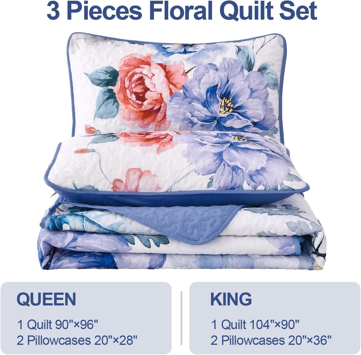 Botanical Blue Floral Reversible 3 Piece Quilt Set