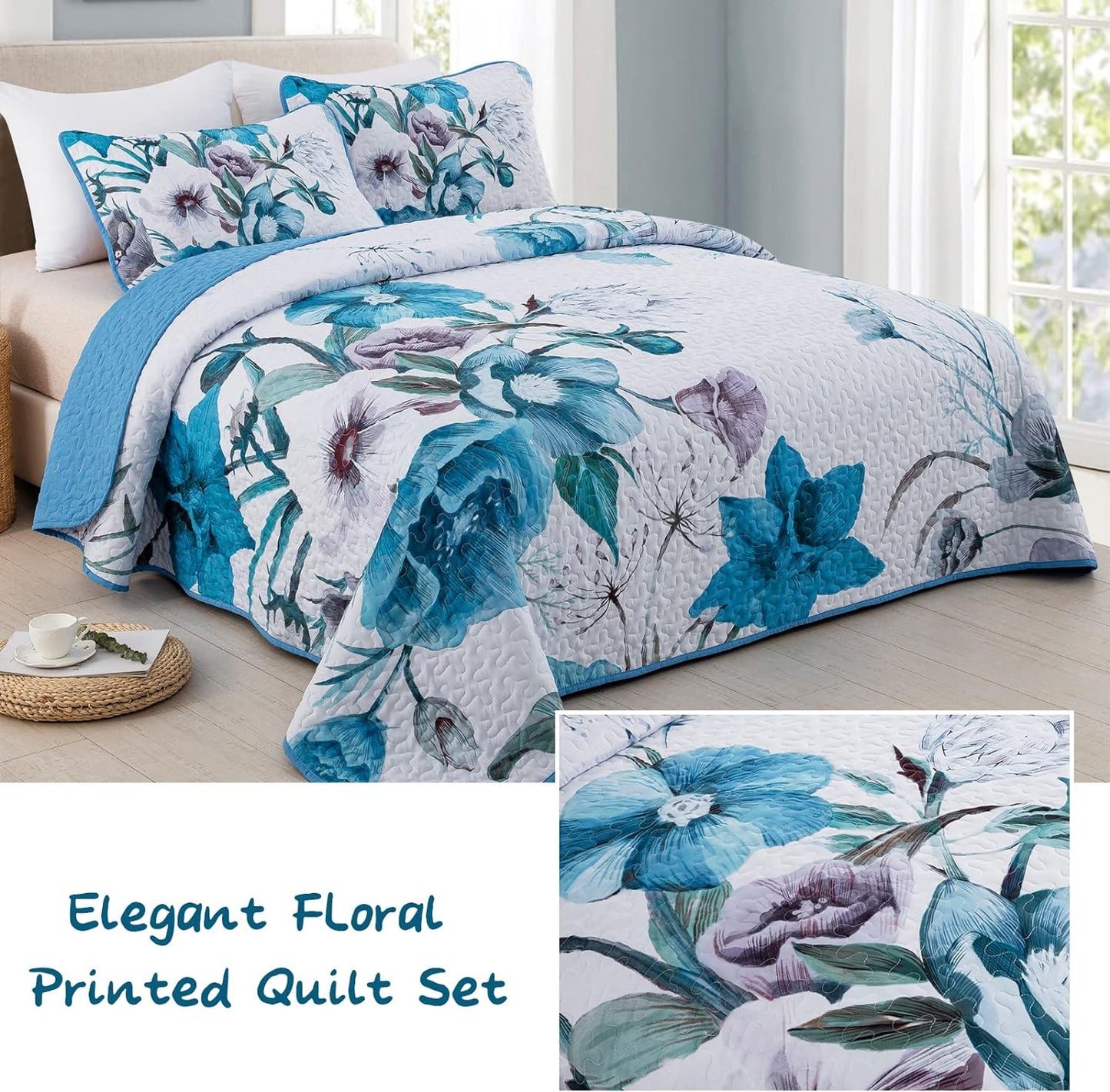 Boho Blue Floral Reversible 3 Piece Bedding Quilt Set