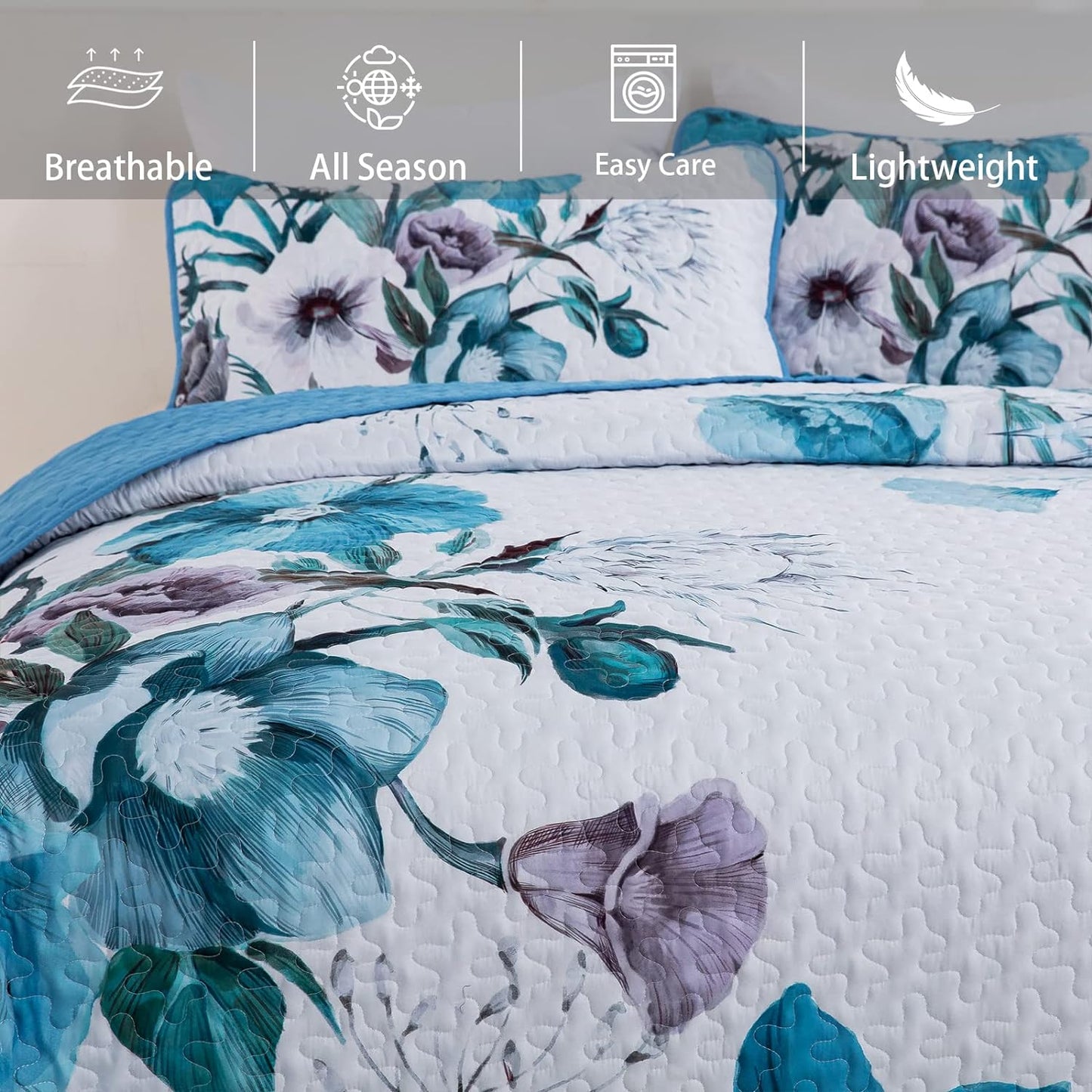 Boho Blue Floral Reversible 3 Piece Bedding Quilt Set