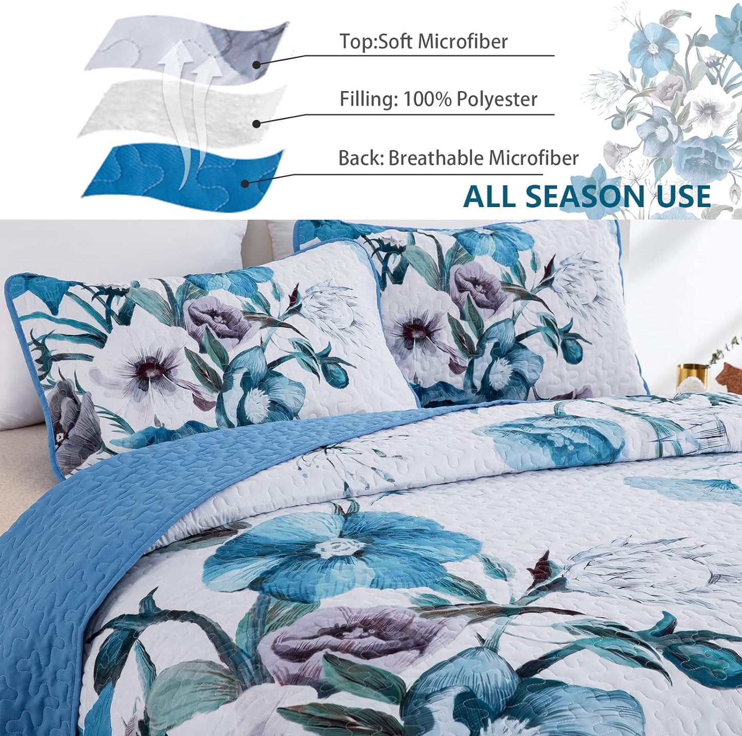 Boho Blue Floral Reversible 3 Piece Bedding Quilt Set