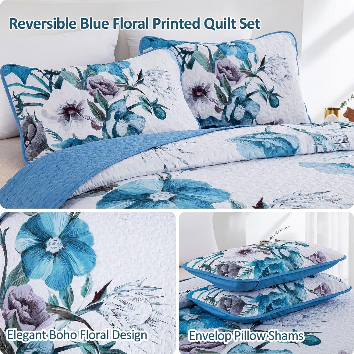 Boho Blue Floral Reversible 3 Piece Bedding Quilt Set