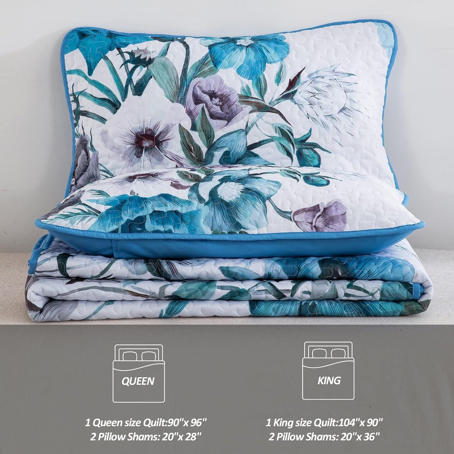 Boho Blue Floral Reversible 3 Piece Bedding Quilt Set