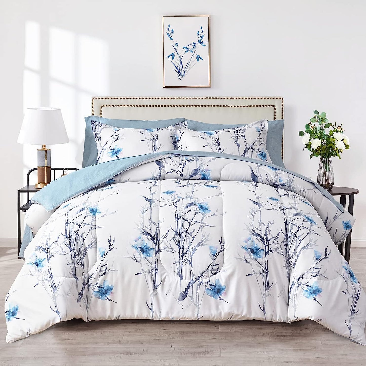 Botanical Blue Floral Branches Reversible 7 Piece Comforter Set