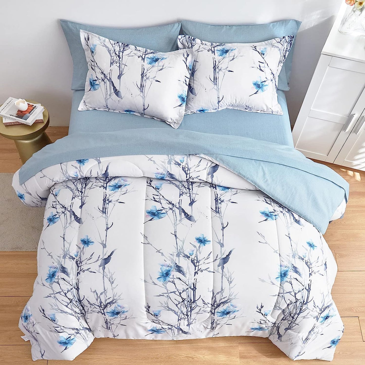 Botanical Blue Floral Branches Reversible 7 Piece Comforter Set