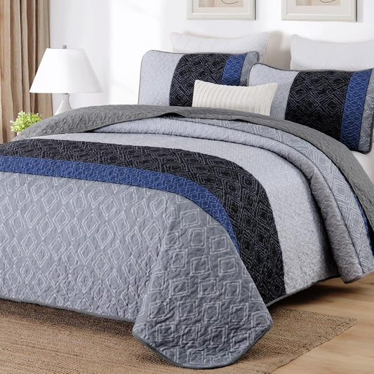 Boho Grey, Blue & Black Stripes 3 Piece Bedding Quilt Set