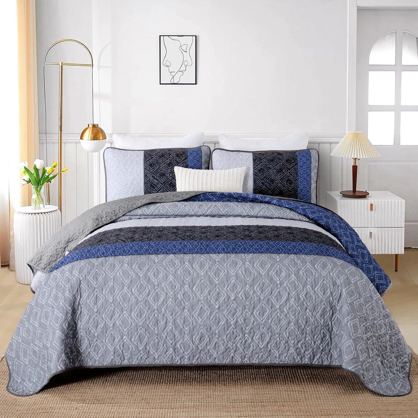 Boho Grey, Blue & Black Stripes 3 Piece Bedding Quilt Set