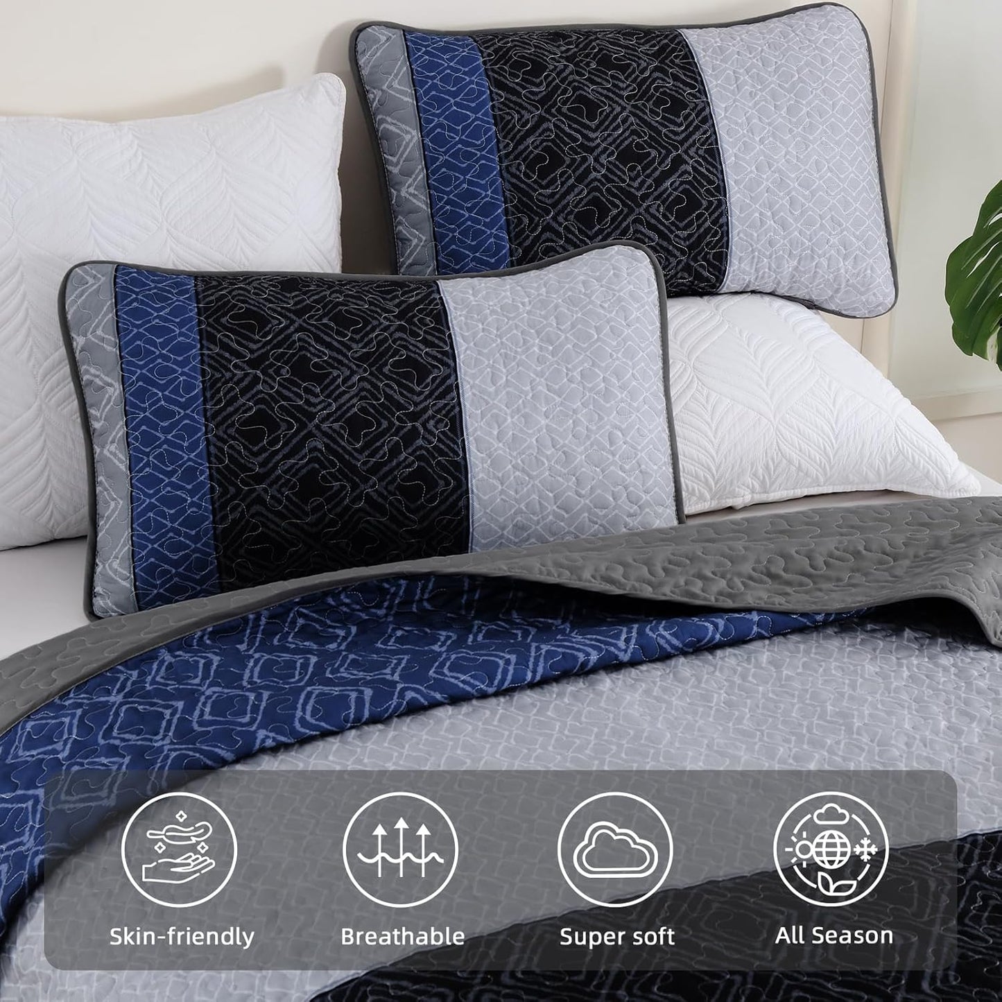 Boho Grey, Blue & Black Stripes 3 Piece Bedding Quilt Set