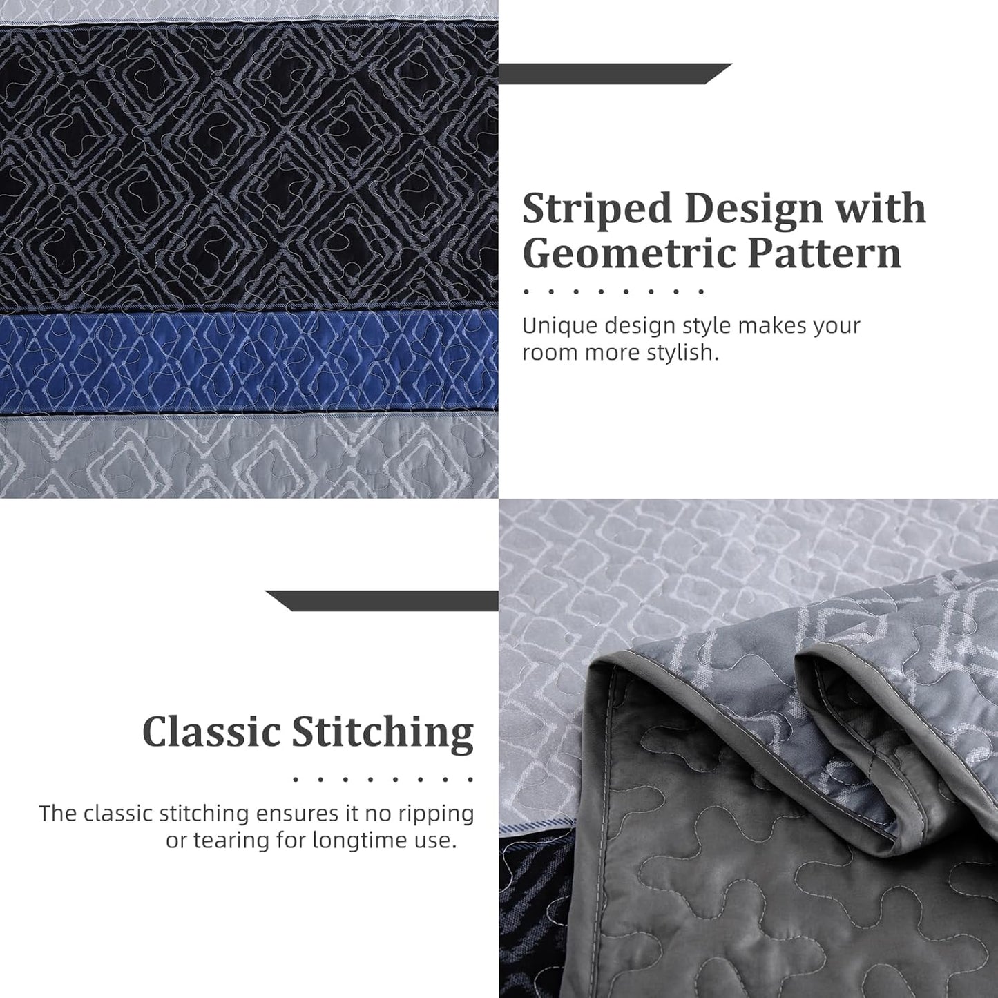 Boho Grey, Blue & Black Stripes 3 Piece Bedding Quilt Set