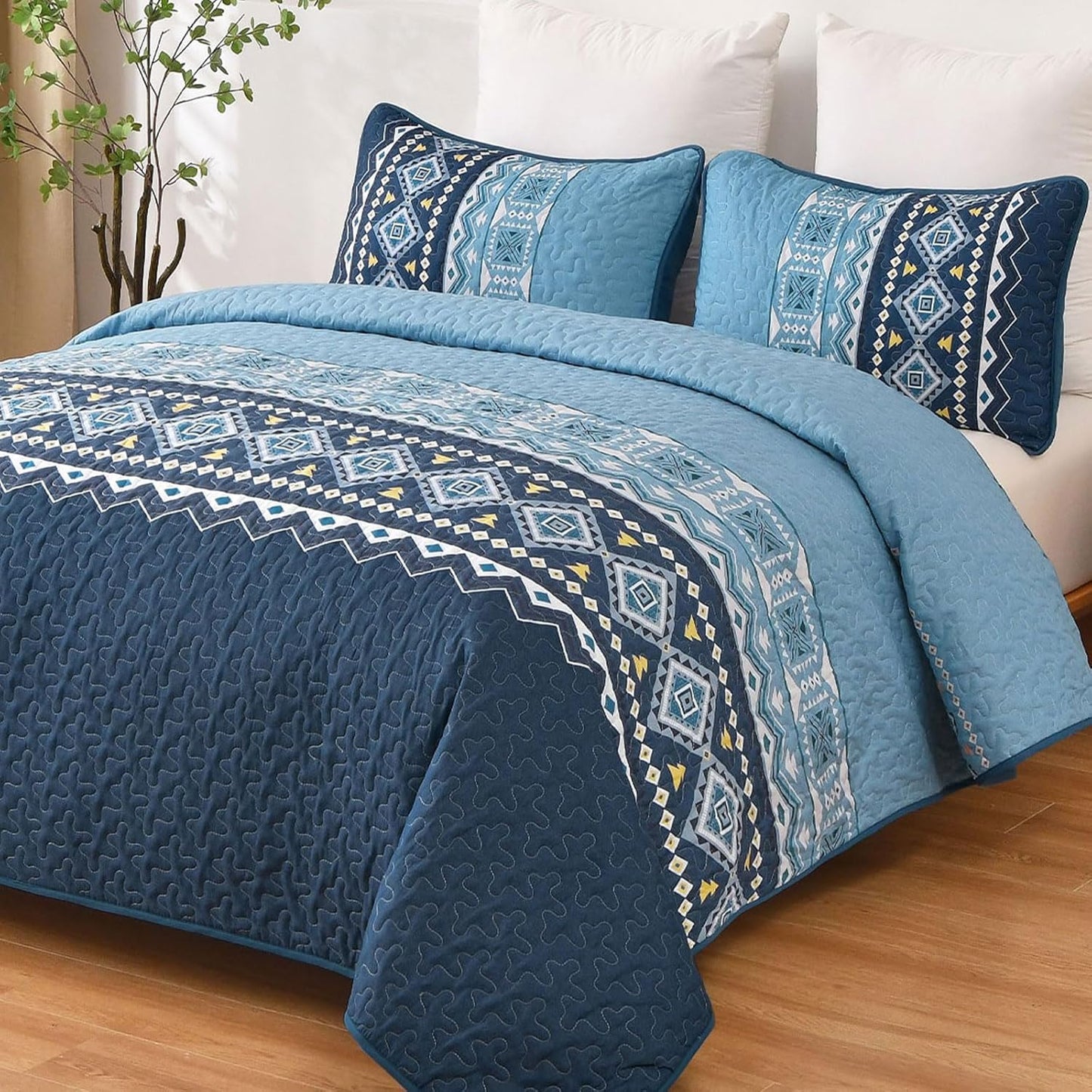 Ensemble de courtepointe réversible 3 pièces Boho bleu et noir