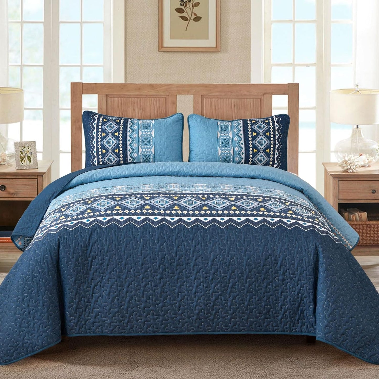Ensemble de courtepointe réversible 3 pièces Boho bleu et noir