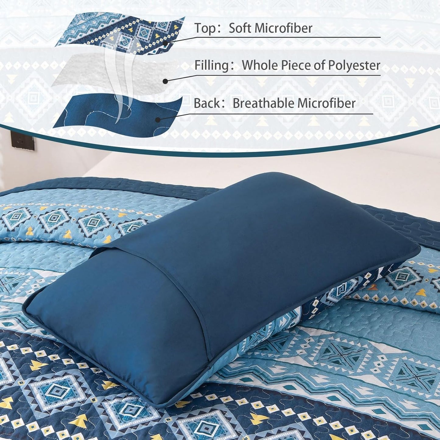 Ensemble de courtepointe réversible 3 pièces Boho bleu et noir