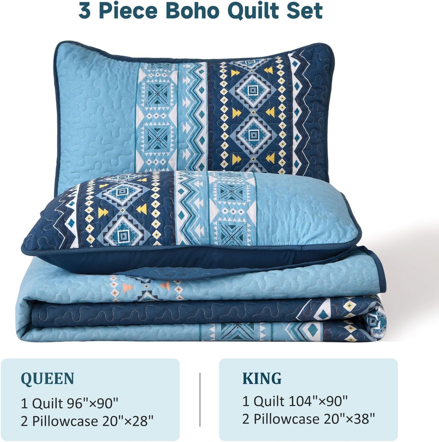 Ensemble de courtepointe réversible 3 pièces Boho bleu et noir