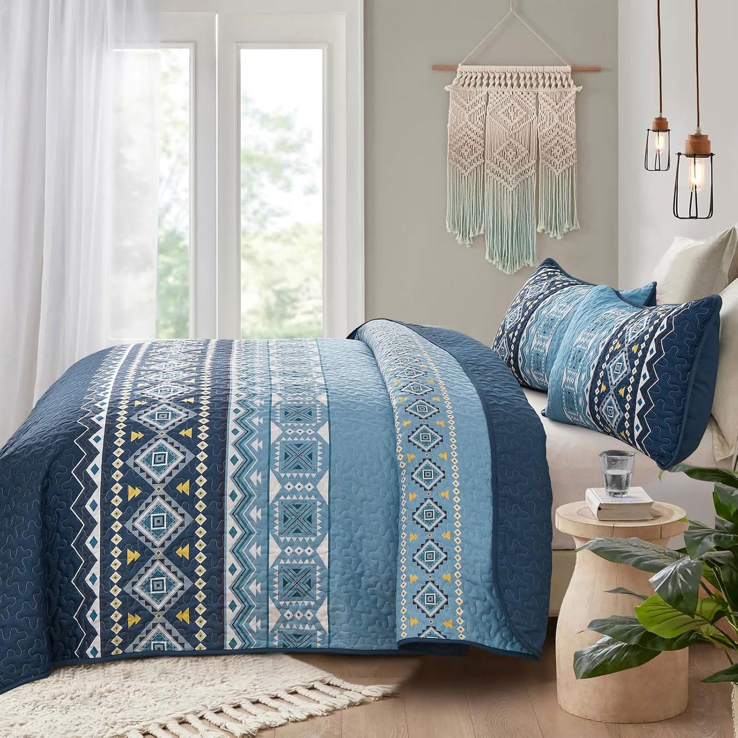 Ensemble de courtepointe réversible 3 pièces Boho bleu et noir