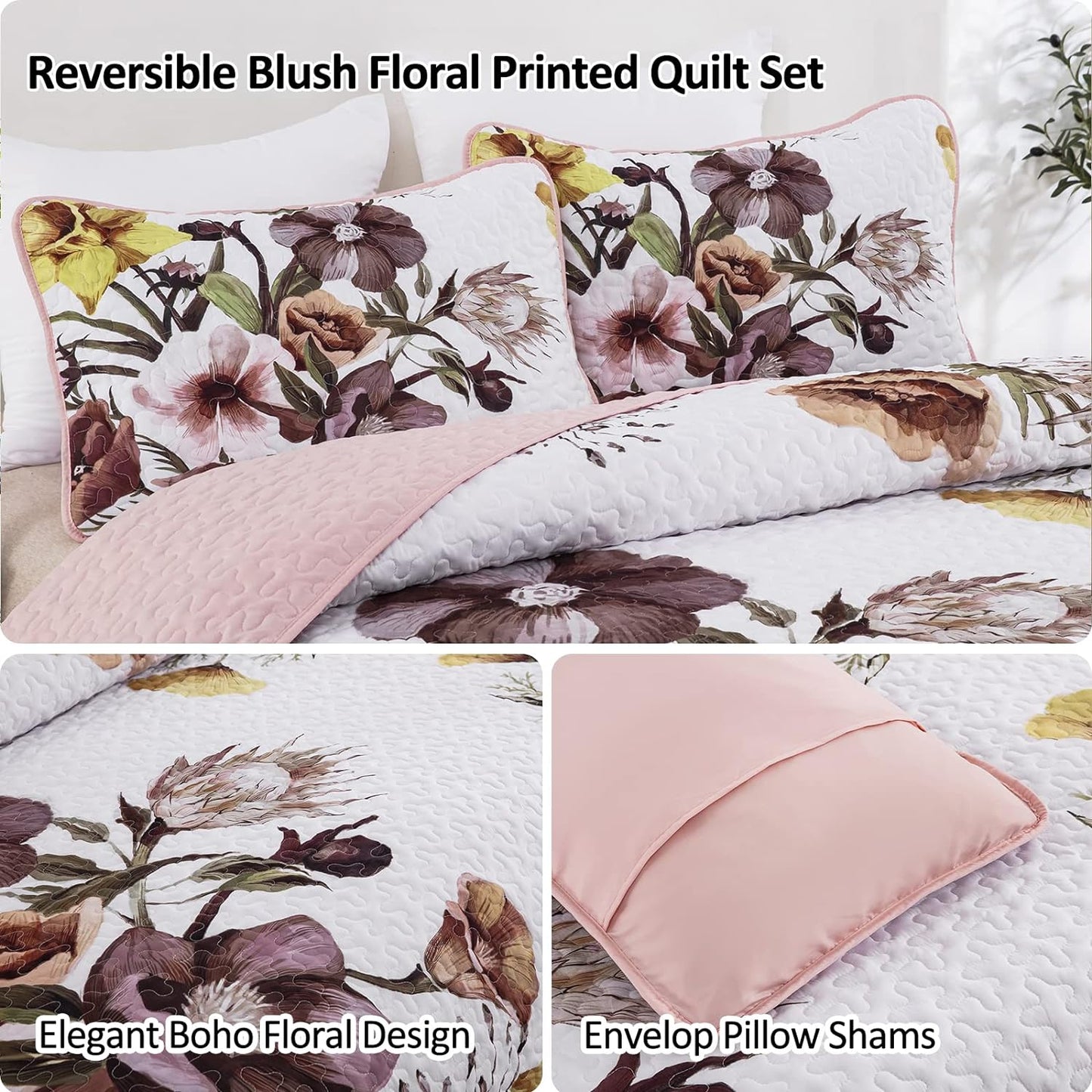 Boho Blush Floral Reversible 3 Piece Bedding Quilt Set