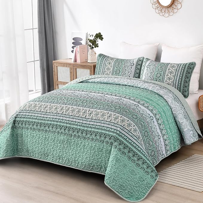Ensemble de courtepointe réversible 3 pièces vert bohème