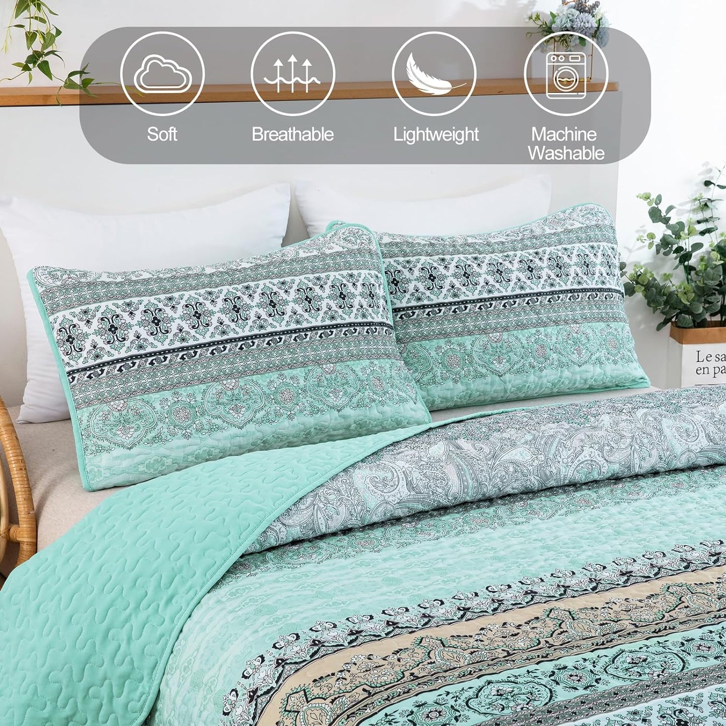 Bohemian Green Reversible 3 Piece Bedding Quilt Set