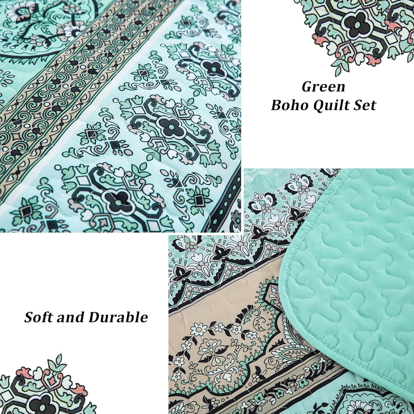 Bohemian Green Reversible 3 Piece Bedding Quilt Set