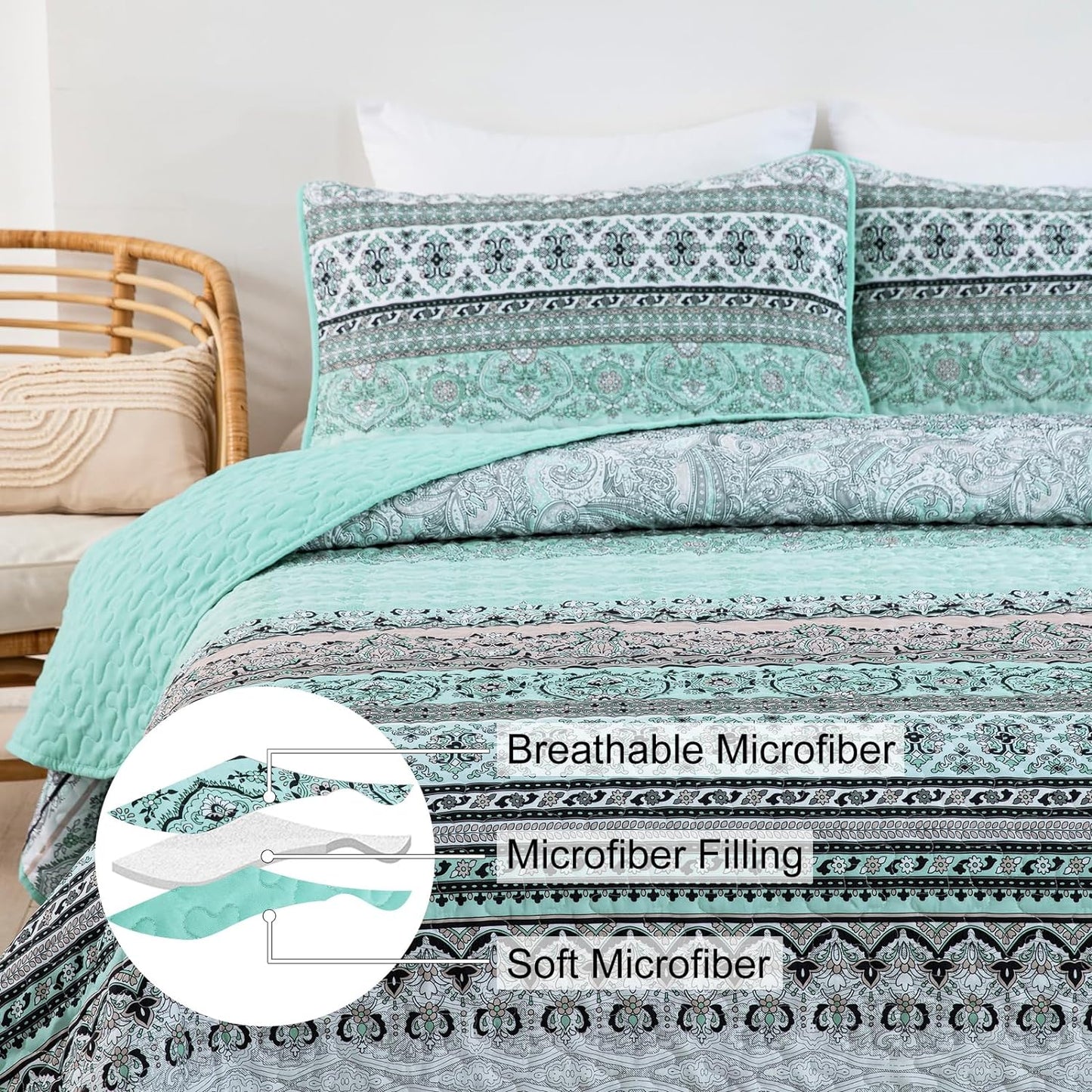 Bohemian Green Reversible 3 Piece Bedding Quilt Set