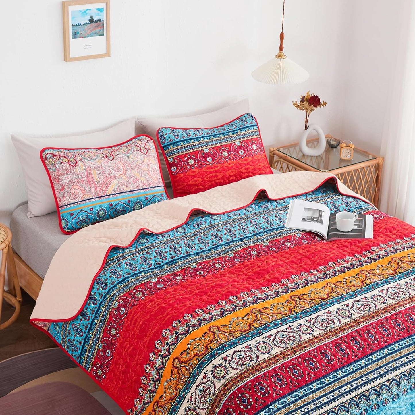 Ensemble de courtepointe réversible 3 pièces bohème orange et bleu