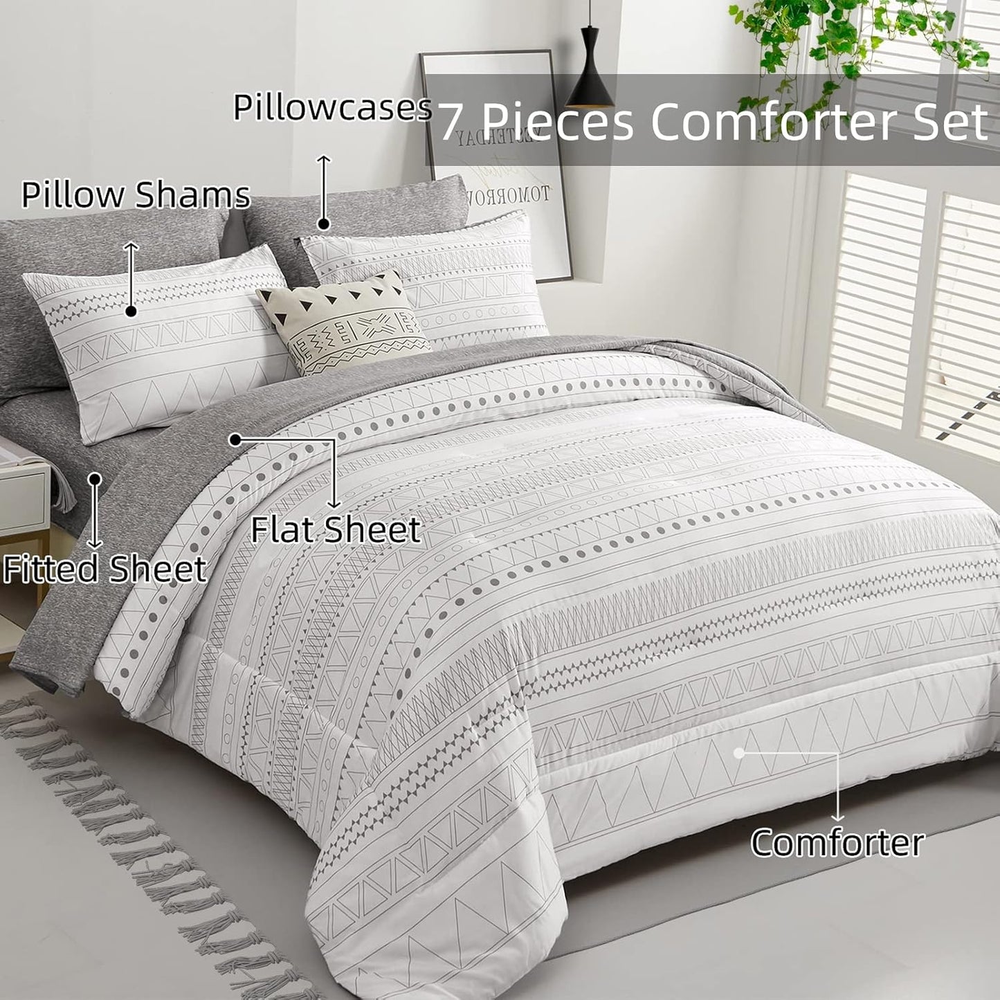 Boho Aztec White Grey 7 Piece Comforter Set
