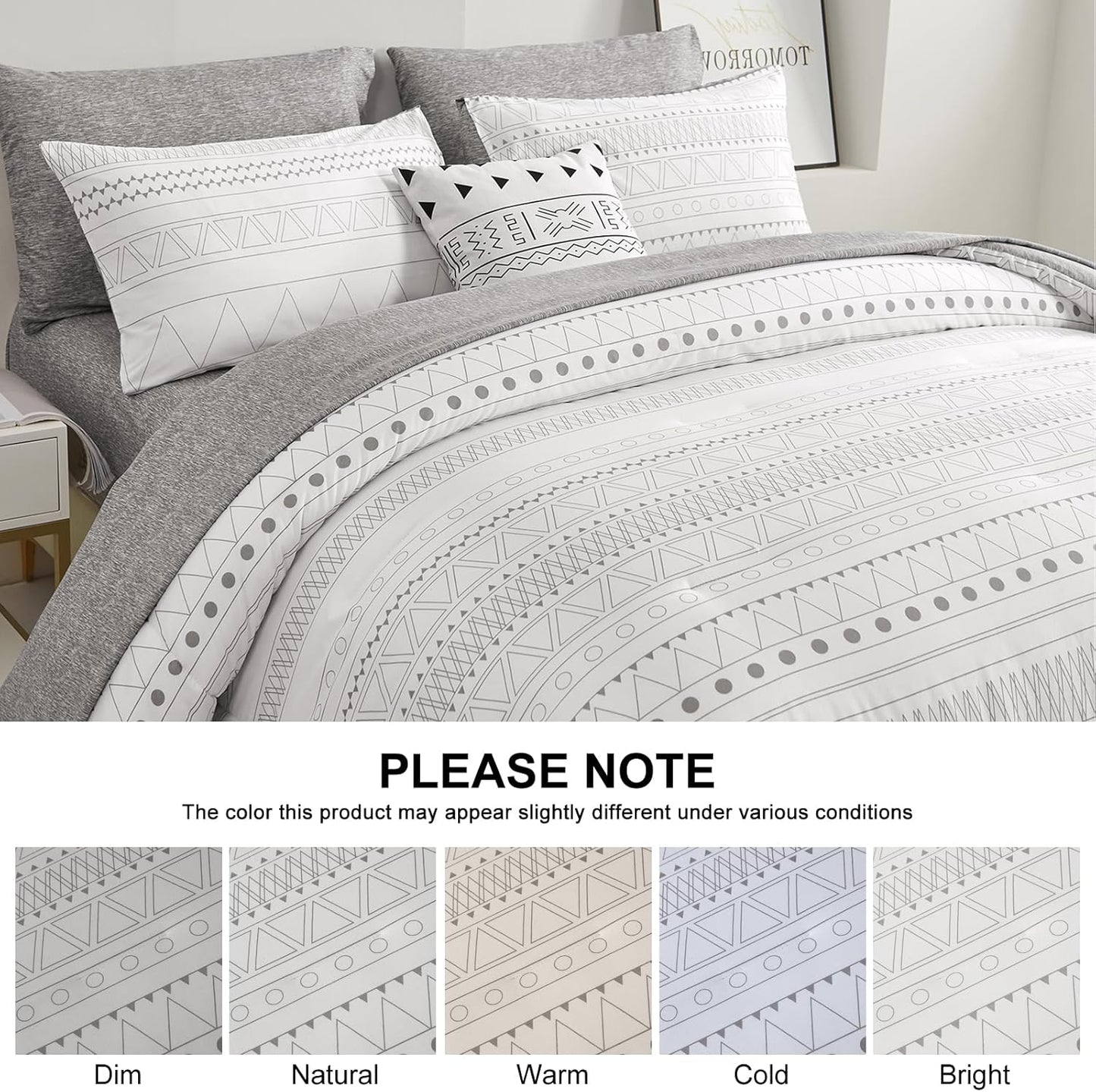 Boho Aztec White Grey 7 Piece Comforter Set