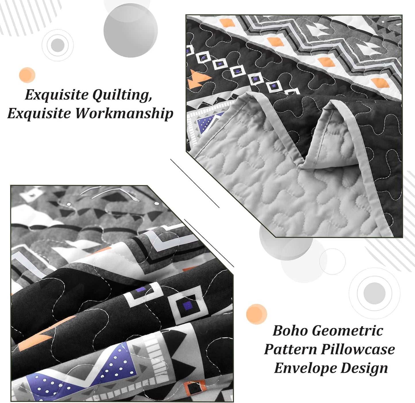 Ensemble de courtepointe réversible bleu marine aztèque Boho 3 pièces