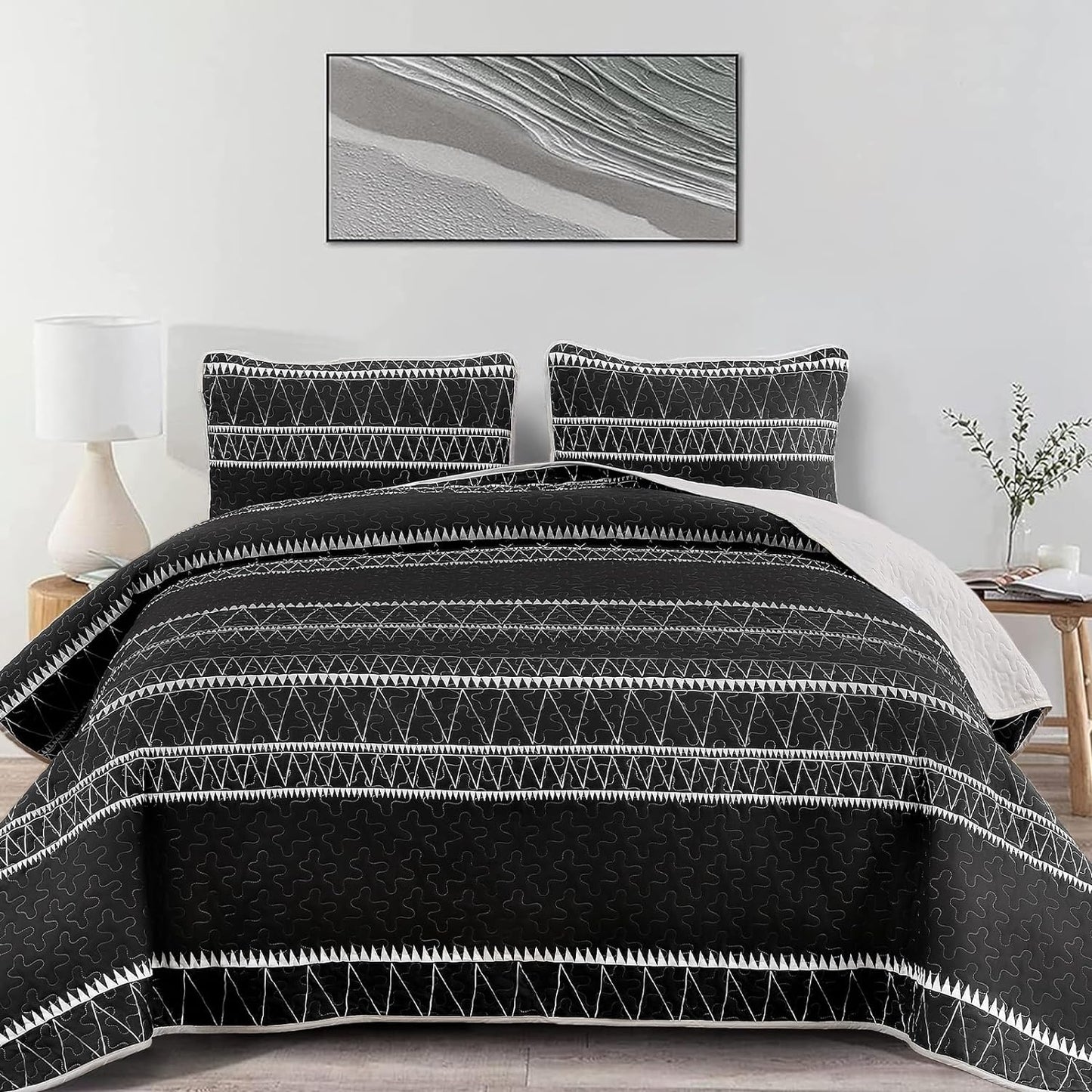 Boho Aztec Black & White Reversible 3 Piece Bedding Quilt Set