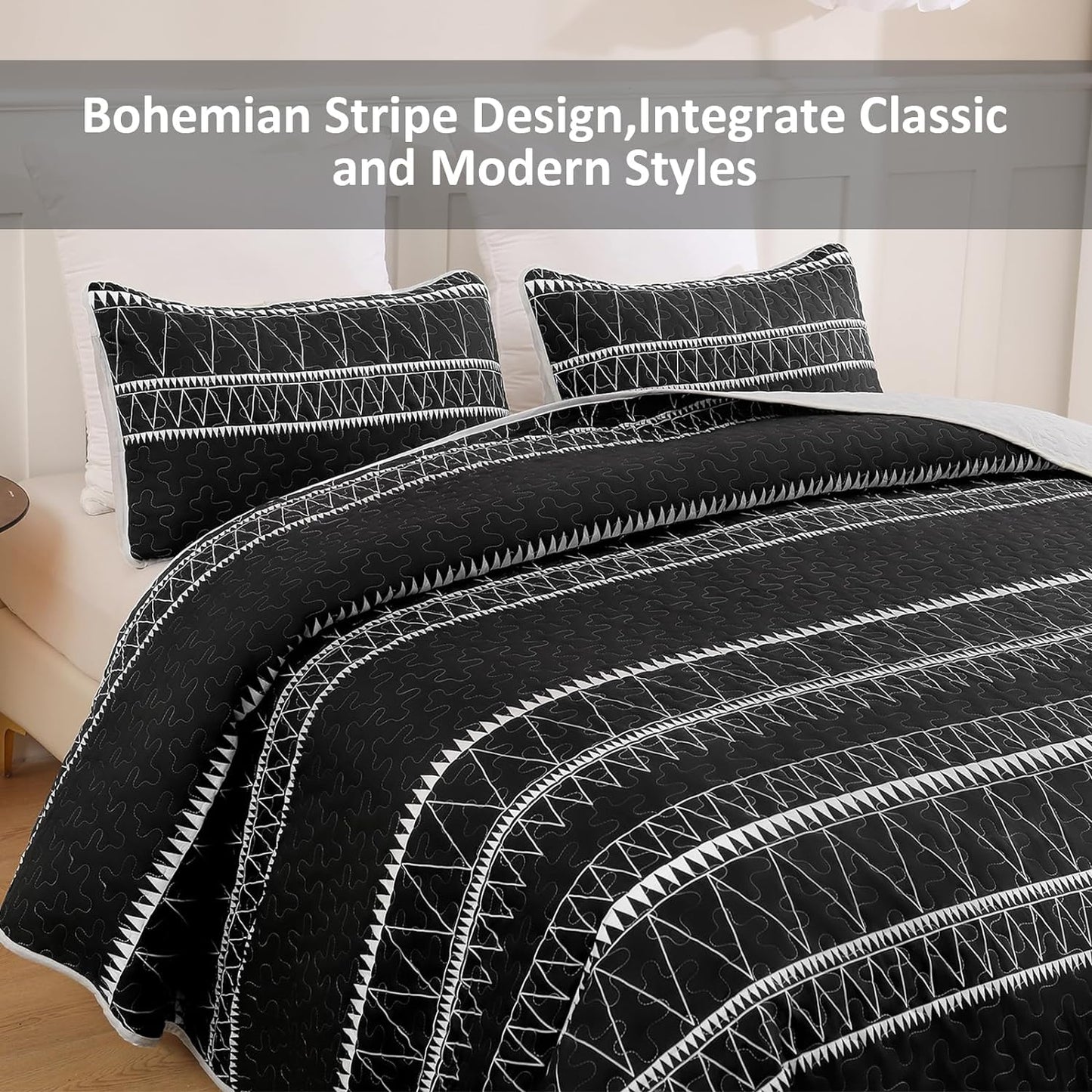 Boho Aztec Black & White Reversible 3 Piece Bedding Quilt Set