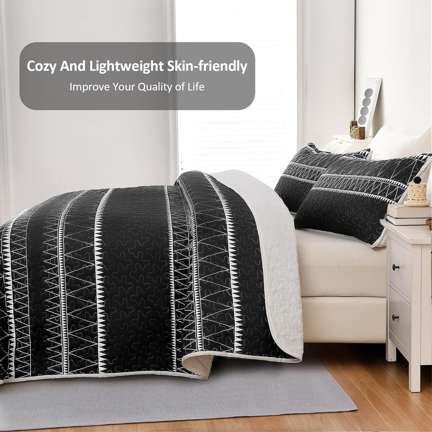 Boho Aztec Black & White Reversible 3 Piece Bedding Quilt Set
