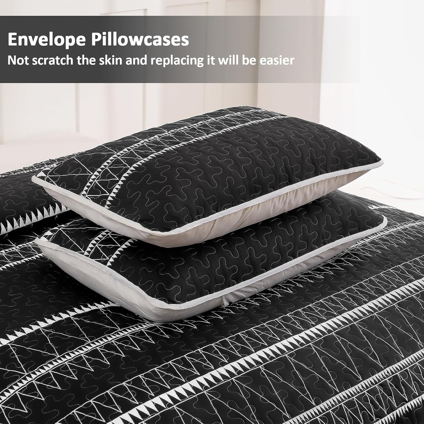 Boho Aztec Black & White Reversible 3 Piece Bedding Quilt Set