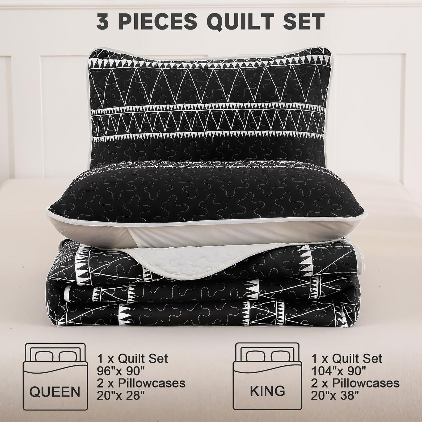 Ensemble de literie réversible 3 pièces Boho Aztec noir et blanc