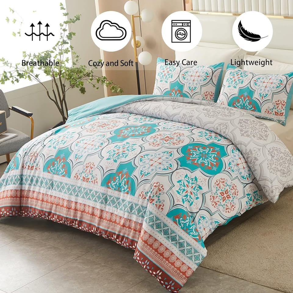Aqua Boho Damask Reversible 3 Piece Comforter Set