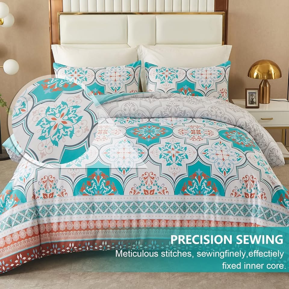 Aqua Boho Damask Reversible 3 Piece Comforter Set