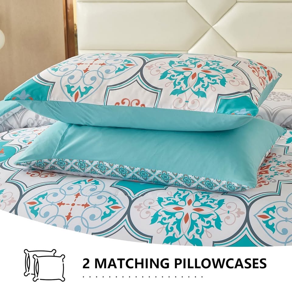Aqua Boho Damask Reversible 3 Piece Comforter Set