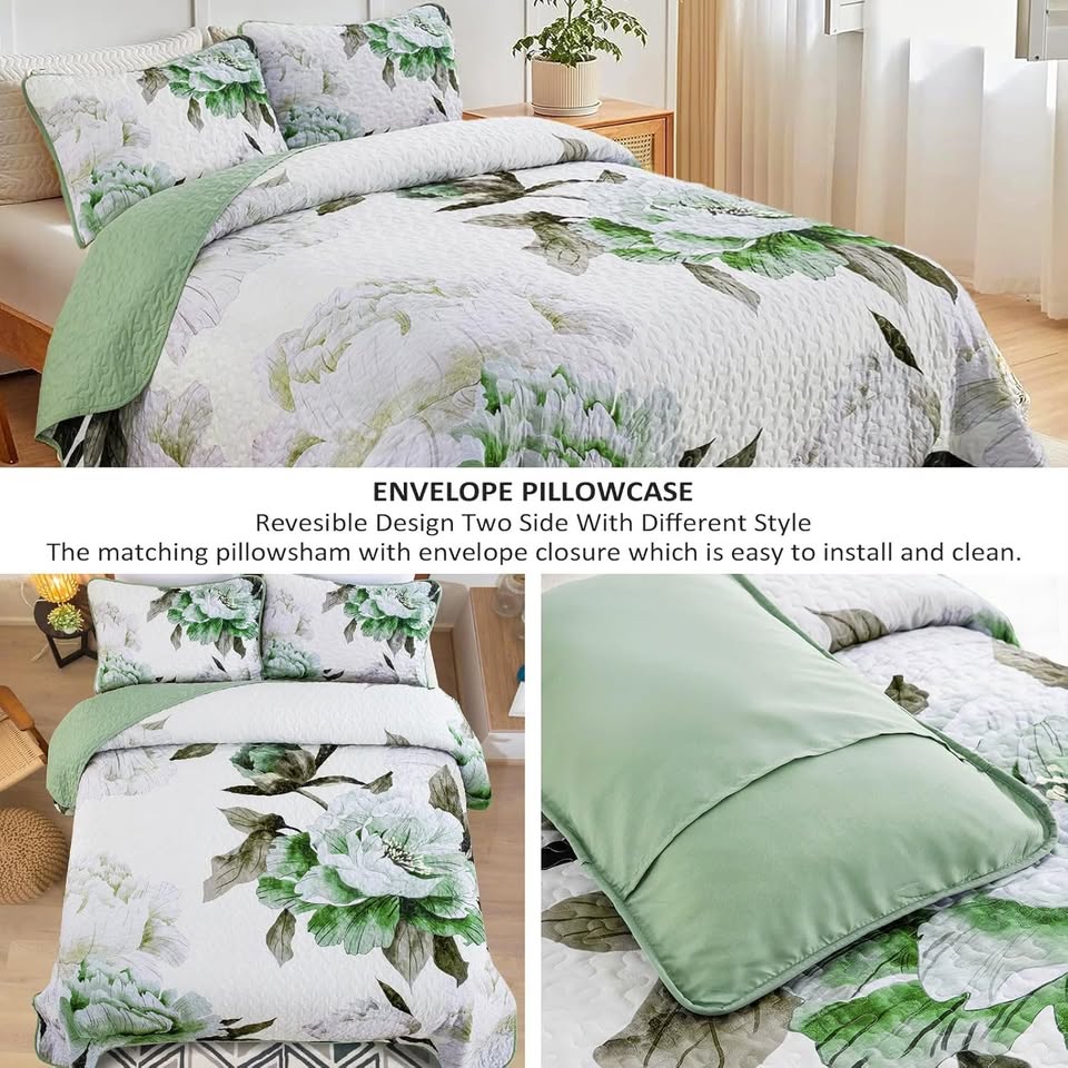 Boho Green Floral 3 Piece Quilt Set