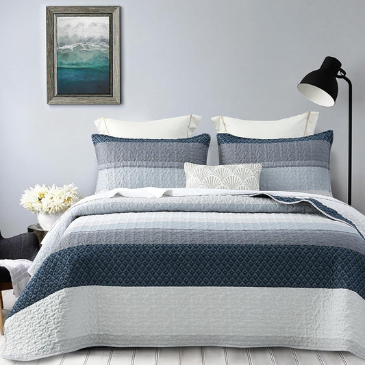 Blue & Grey Striped Reversible 2/3 Piece Bedding Quilt Set