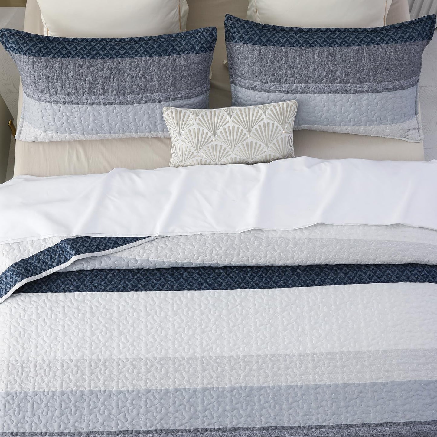 Blue & Grey Striped Reversible 2/3 Piece Bedding Quilt Set