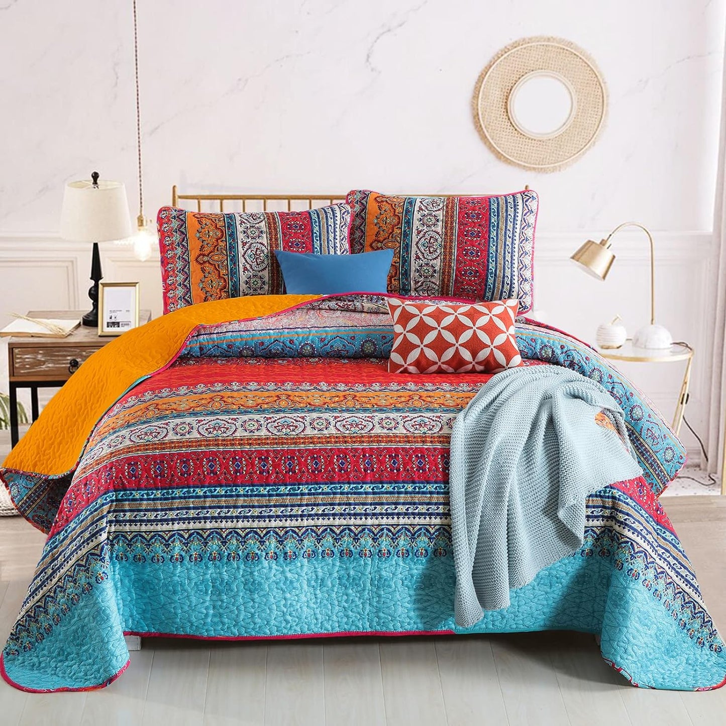 Bohemian Orange & Blue Reversible 3 Piece Quilt Set