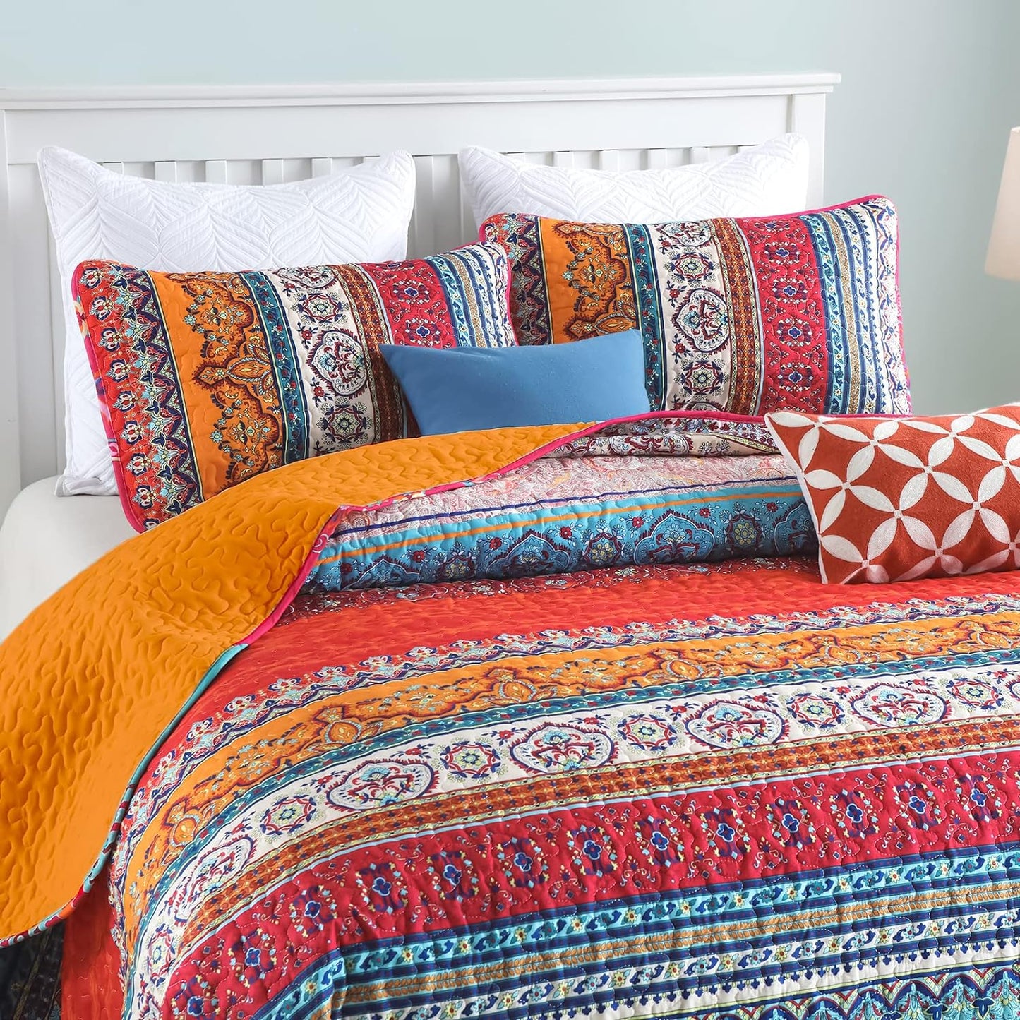 Bohemian Orange & Blue Reversible 3 Piece Quilt Set