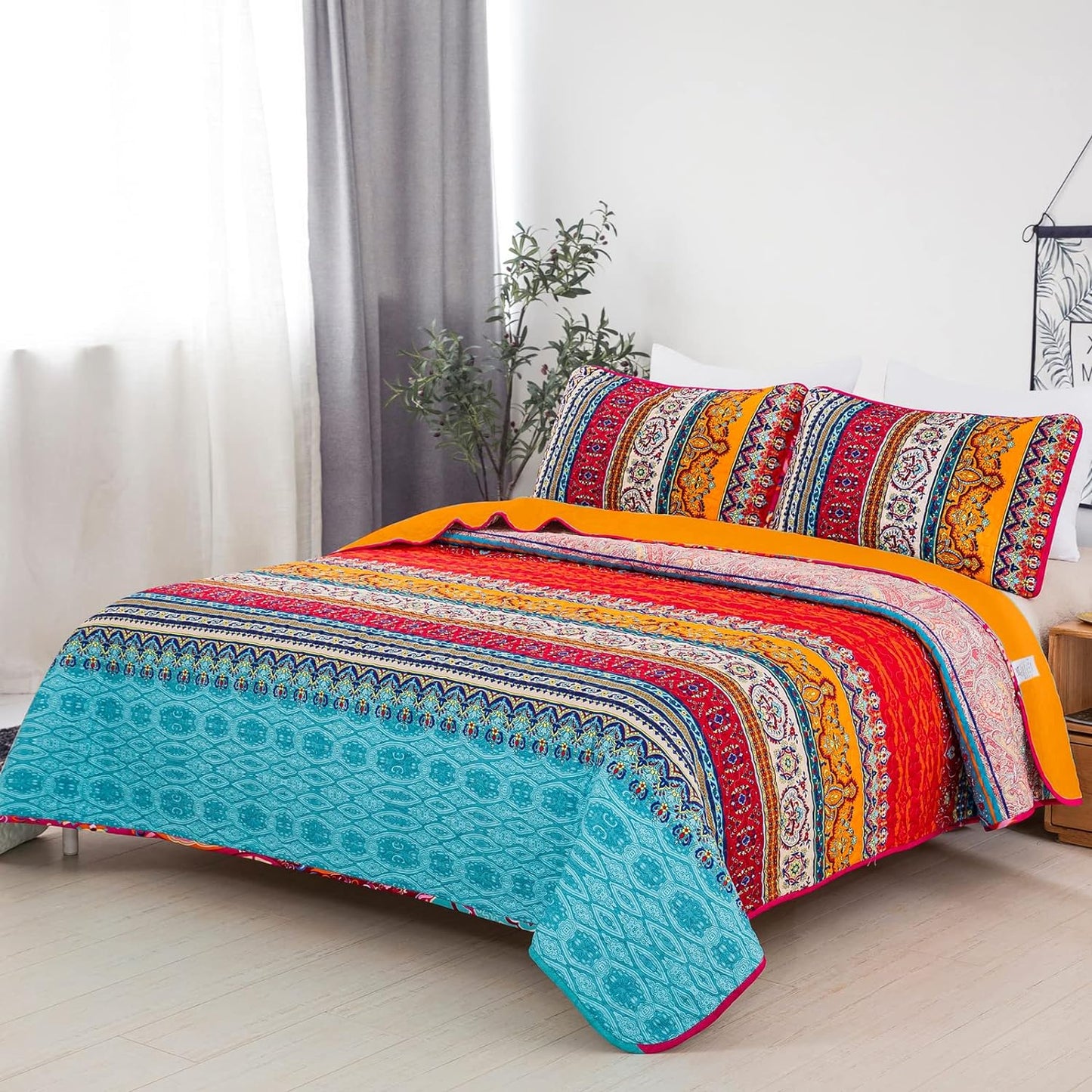 Bohemian Orange & Blue Reversible 3 Piece Quilt Set