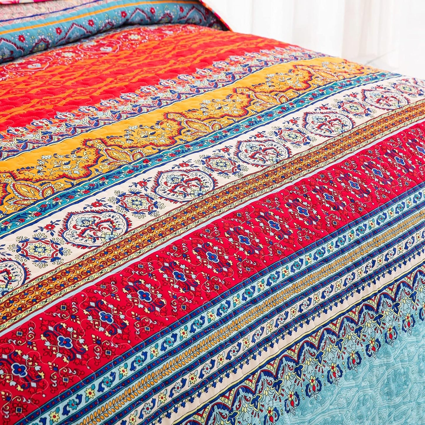 Bohemian Orange & Blue Reversible 3 Piece Quilt Set