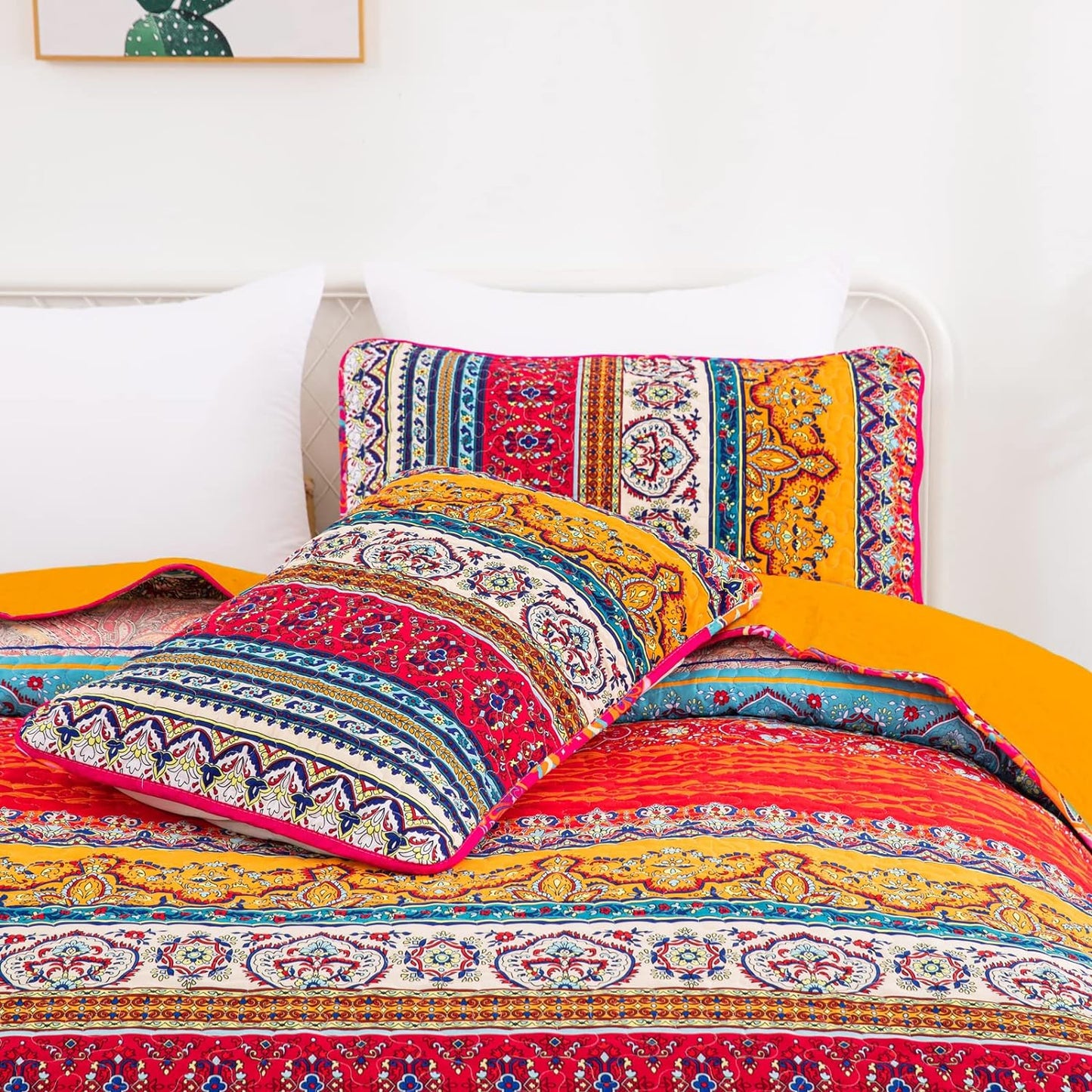 Bohemian Orange & Blue Reversible 3 Piece Quilt Set
