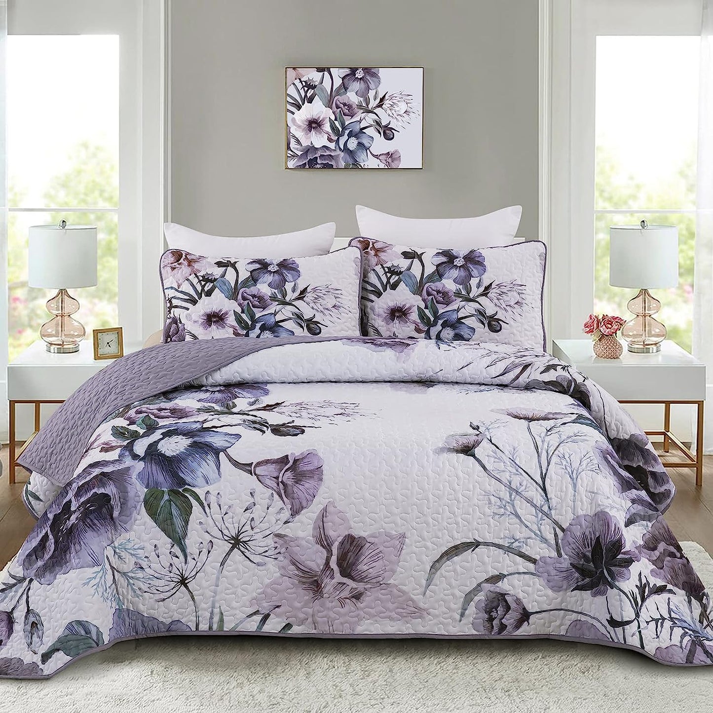 Boho Purple Floral Reversible 3 Piece Bedding Quilt Set