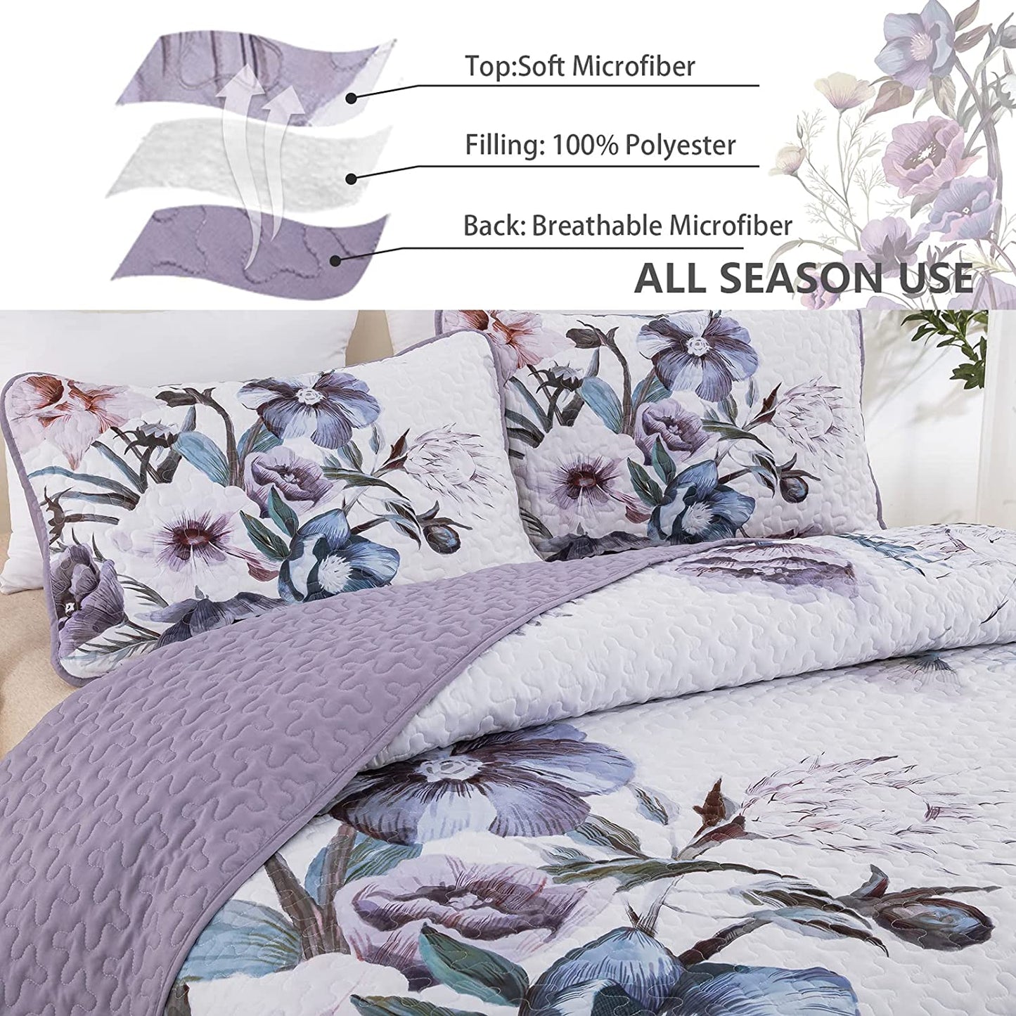 Boho Purple Floral Reversible 3 Piece Bedding Quilt Set