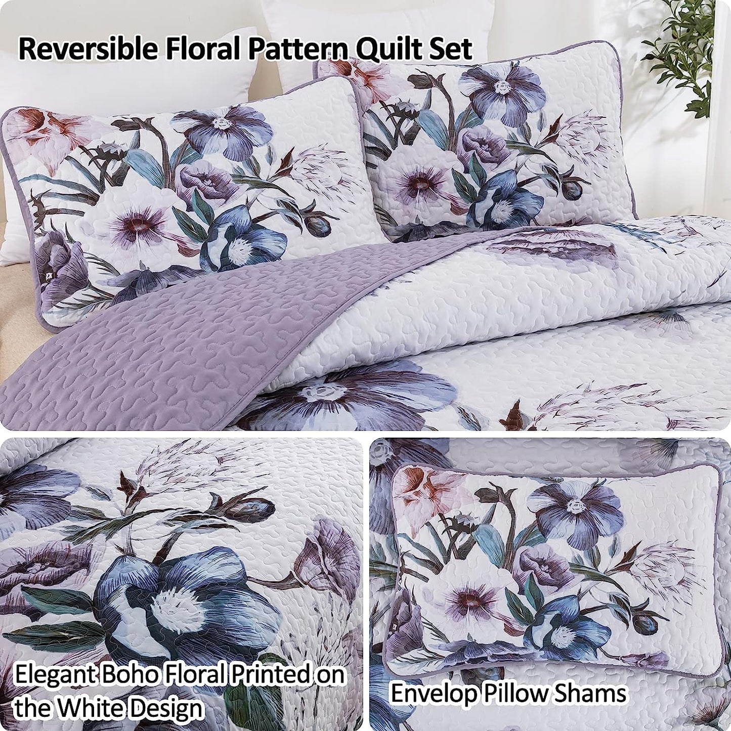 Boho Purple Floral Reversible 3 Piece Bedding Quilt Set