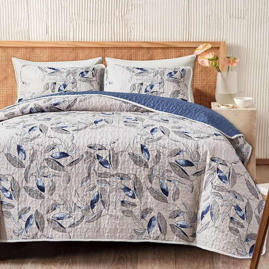 Botanical Blue & Grey Leaves Reversible 3 Piece Bedding Quilt Set