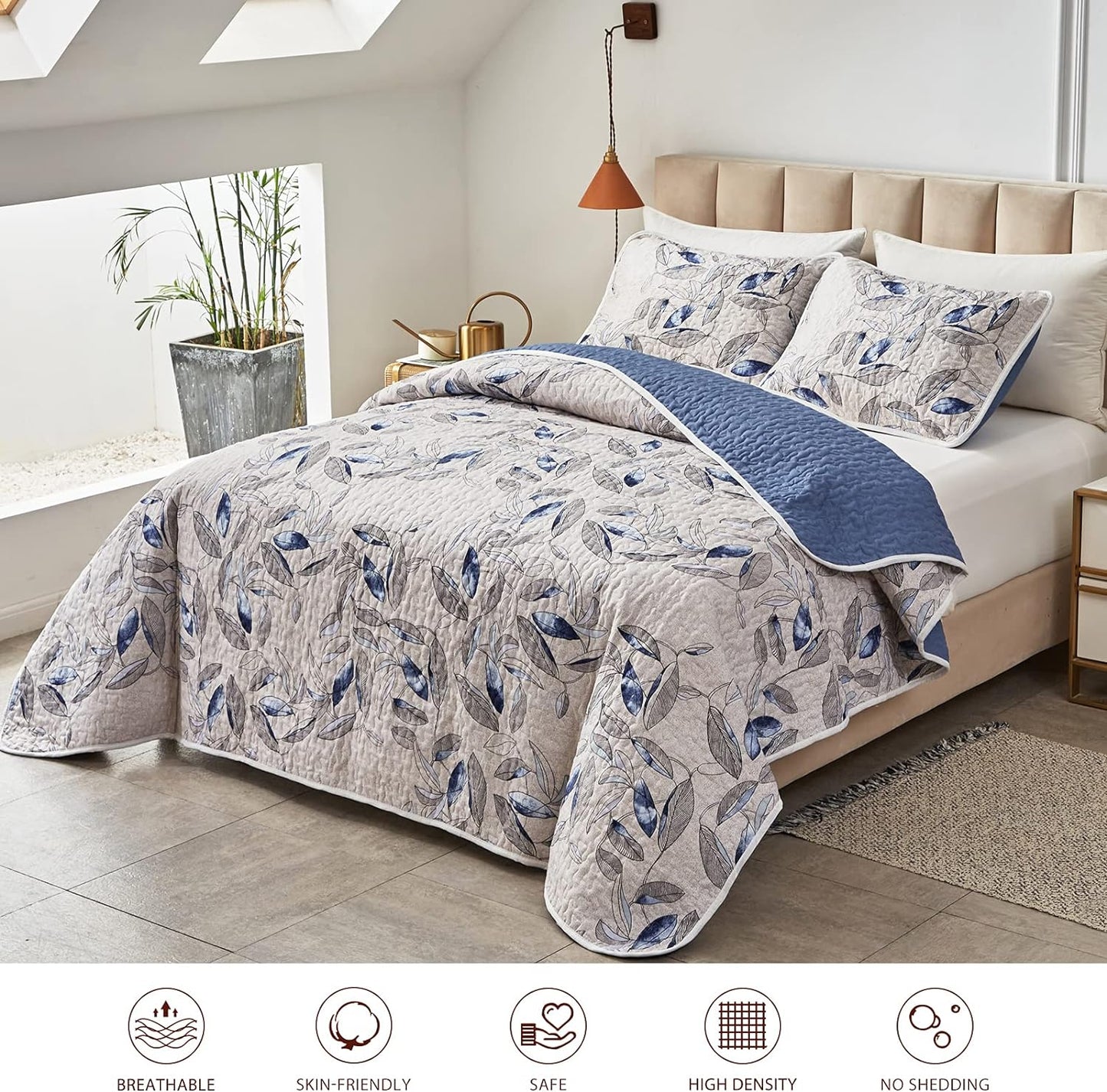 Botanical Blue & Grey Leaves Reversible 3 Piece Bedding Quilt Set