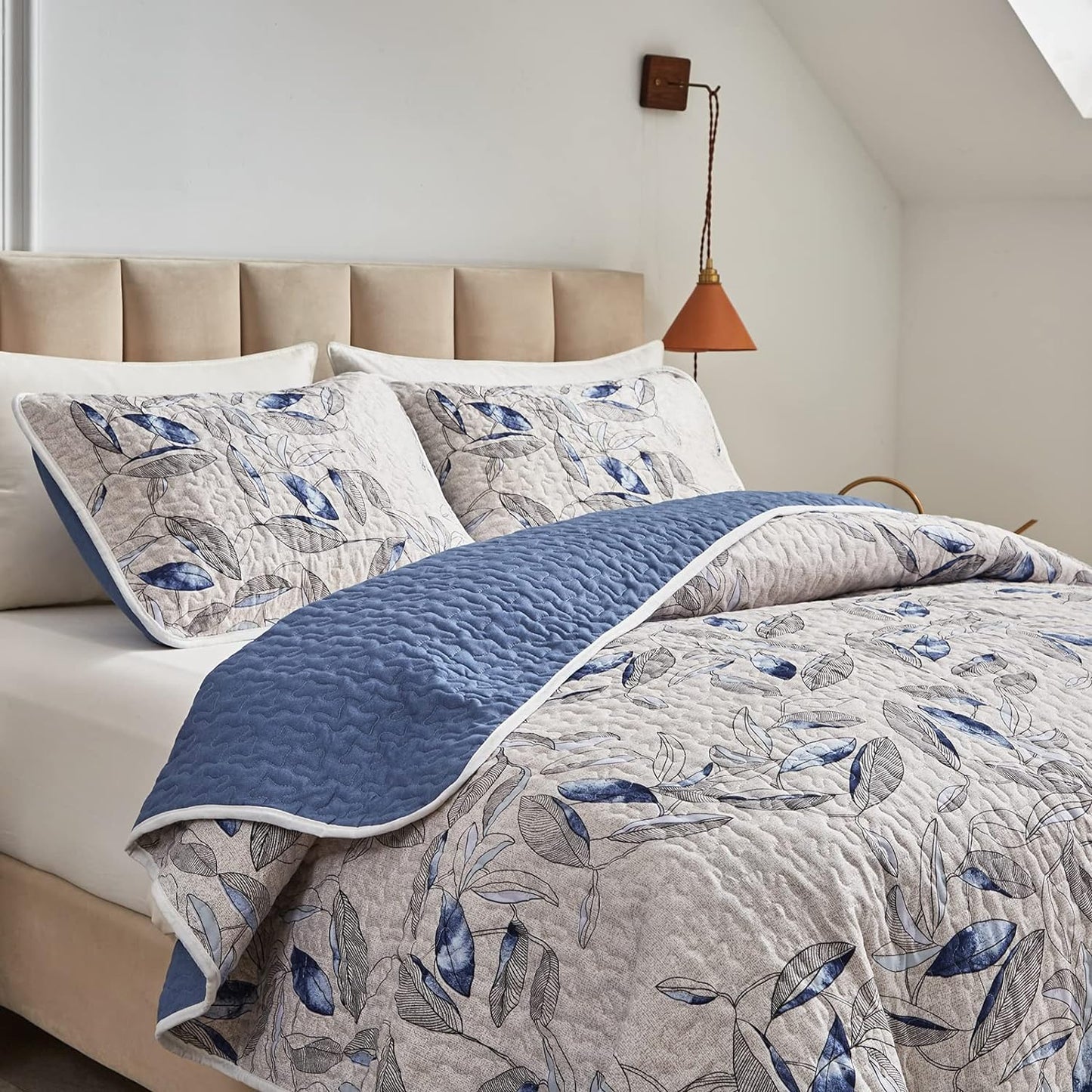 Botanical Blue & Grey Leaves Reversible 3 Piece Bedding Quilt Set