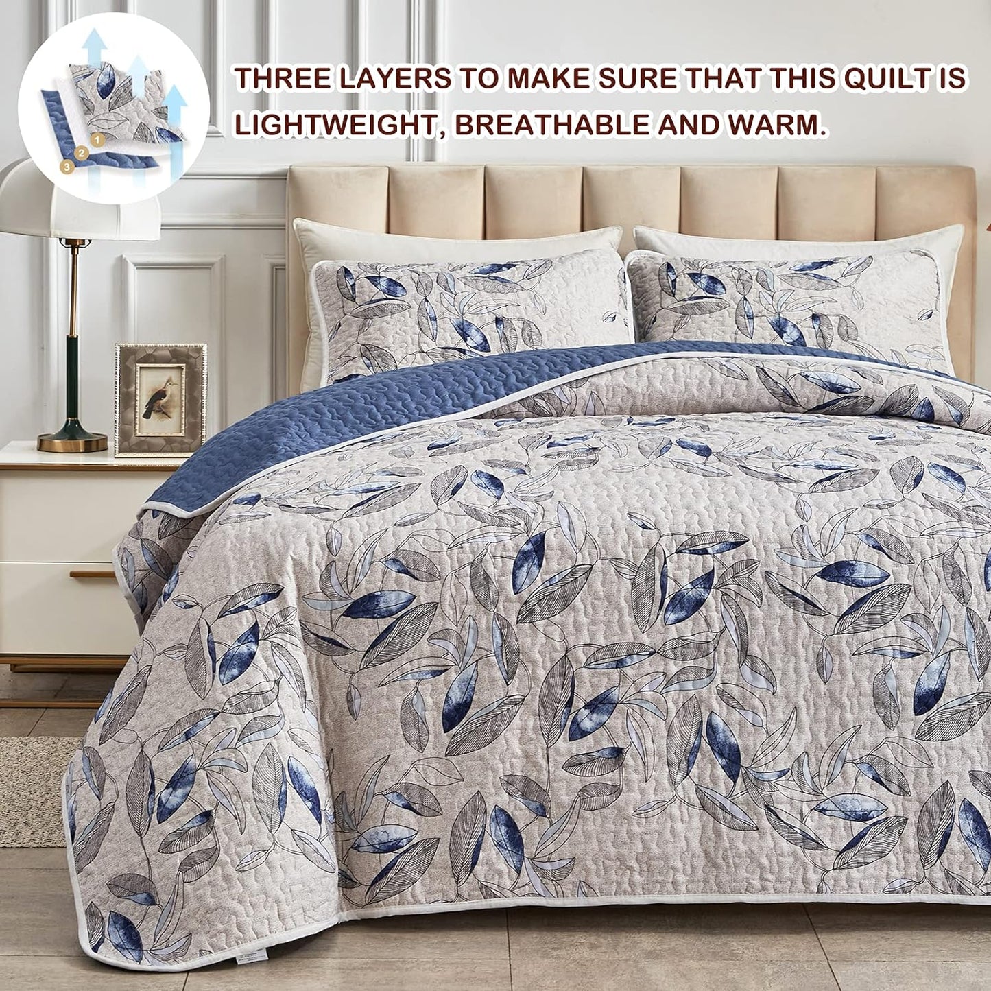 Botanical Blue & Grey Leaves Reversible 3 Piece Bedding Quilt Set