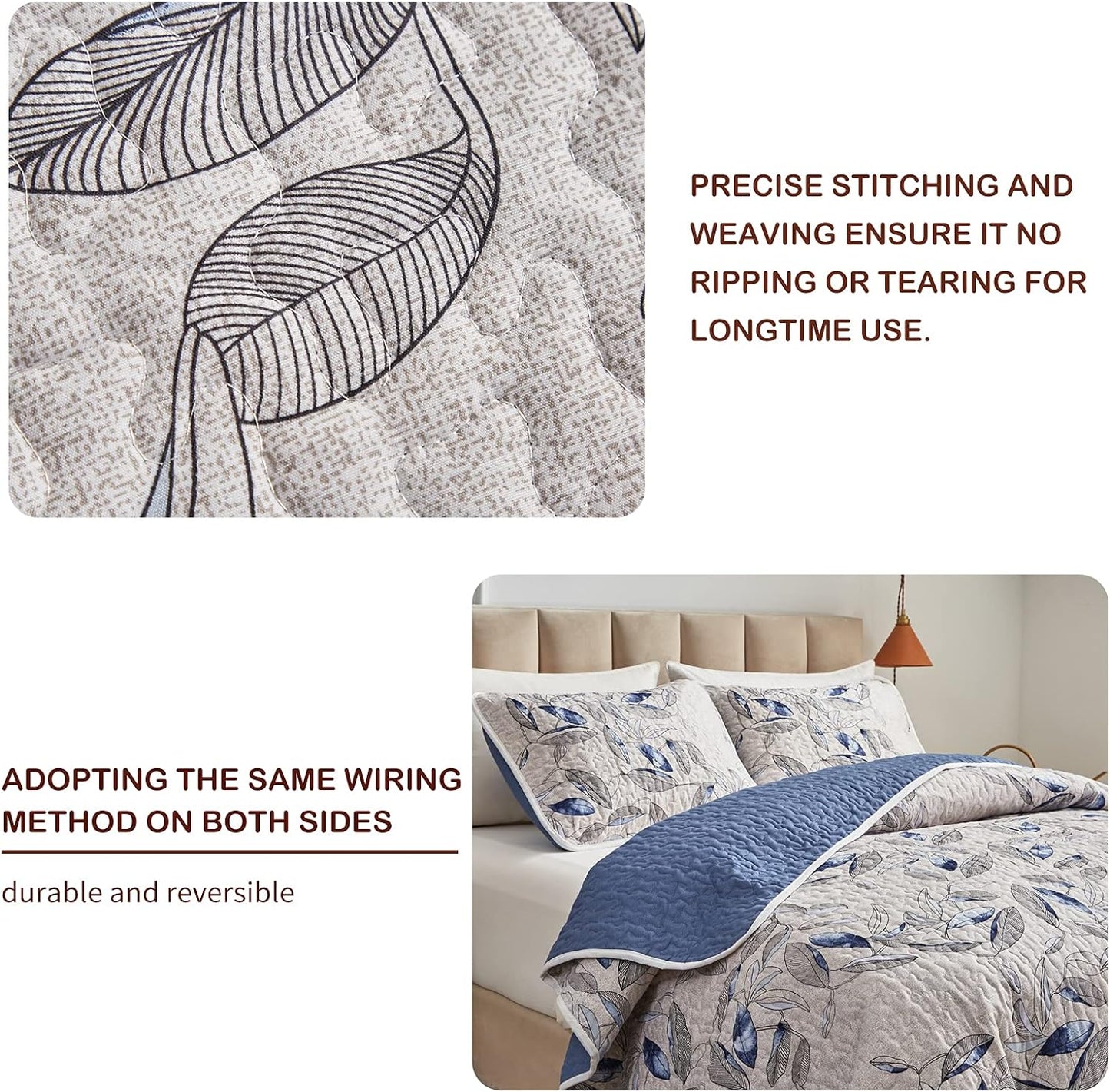 Botanical Blue & Grey Leaves Reversible 3 Piece Bedding Quilt Set